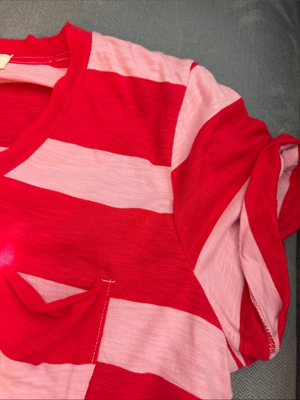 Anthropologie Red & Light Pink Striped V-Neck Pocket Tee - Picture 2 of 2